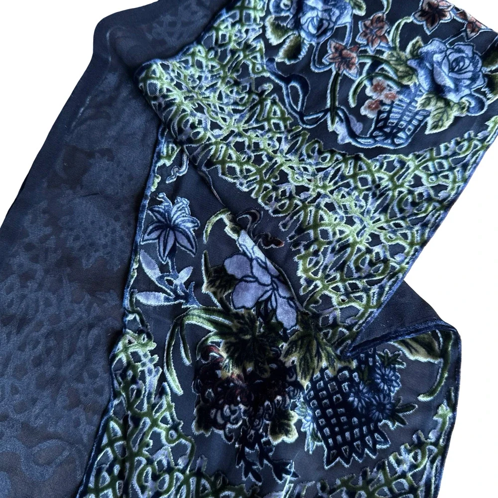 Cejon Dark Floral Velvet Silk Whimsigoth Burnout Fairy Romantic Scarf 7.5x56